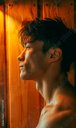 Happy relaxing Asian man in spa, relaxation concept