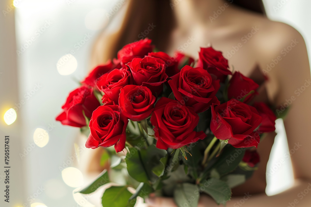 A beautiful bouquet of pastel rad roses in female hands. Work as a florist in a flower shop. Delivery of fresh cut flowers. European flower shop. Beautiful girl holding a bouquet of rad roses A beautiful bouquet of pastel rad roses in female hands. Work as a florist in a flower shop. Delivery of fresh cut flowers. European flower shop. Beautiful girl holding a bouquet of rad roses