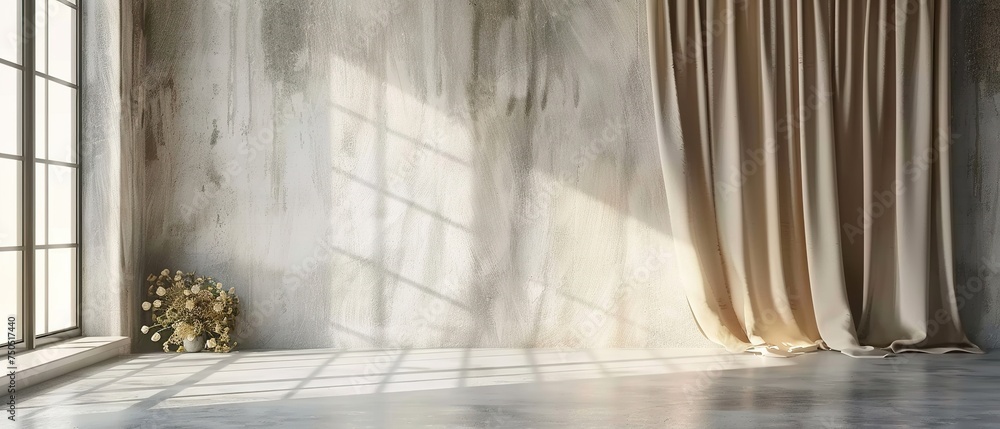 Minimalistic room design with white concrete wall and beige curtain. Sunlight In empty room. Minimalistic room design with white concrete wall and beige curtain. Sunlight In empty room.