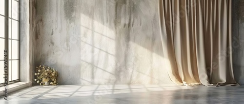 Minimalistic room design with white concrete wall and beige curtain. Sunlight In empty room.