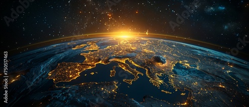 View of Europe at night from space with city lights showing human activity in Germany, France, Spain, Italy, and other countries. photo