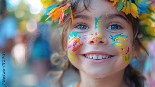 a child's face, painted with spring-themed designs, smiling joyfully at the camera, with a blurred background of the May Day festival, showcasing the joy and innocence of the celebration.