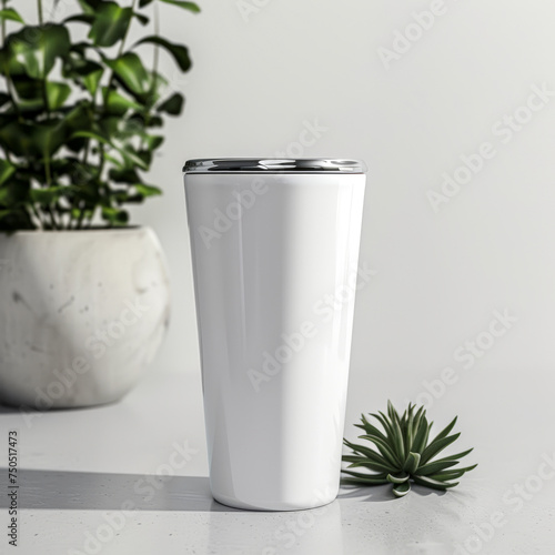 Blank stainless steel tumbler on white background with decoration, mock up