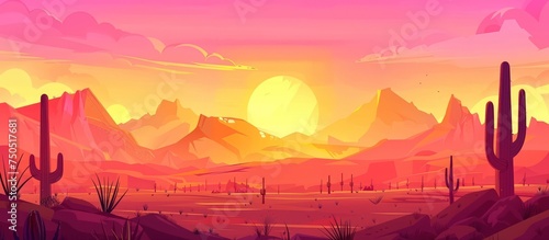 Beautiful illustration of warm western desert sunset with mountains landscape. AI generated image photo