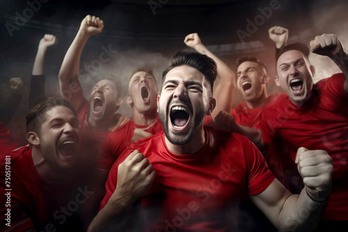 mens soccer football players celebrating a triumph win or winning a league, cup or tournament in a stadium by cheering in joy and punching the air elated in victory group of man male red kit