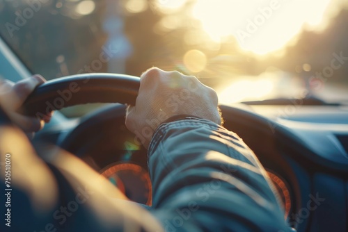 View from the driver's seat capturing hands on the steering wheel with the glow of a sunset during a commute