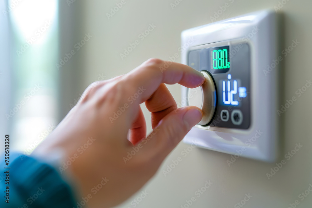 Hand setting the temperature on the thermostat in modern home. Generative AI Hand setting the temperature on the thermostat in modern home. Generative AI