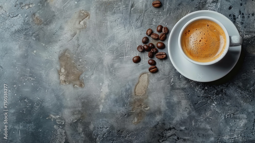 Top view of a freshly brewed espresso in a white cup with scattered coffee beans on a gray surface. - obrazy, fototapety, plakaty 