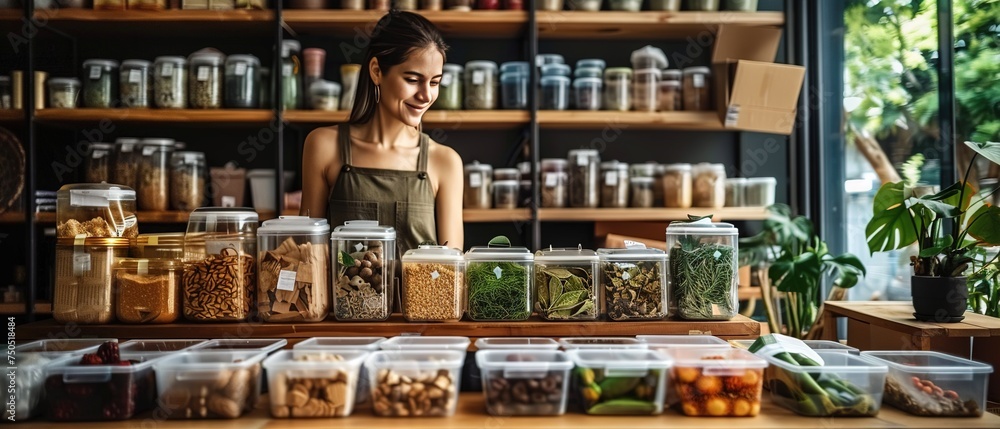 Young female working in vegan store. Vegan store worker standing at counter. Eco-friendly store.
