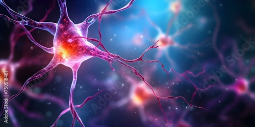 Depiction of Alzheimers disease through amyloid plaques on a neuron. Concept Medical Illustration, Neurobiology, Alzheimer's Disease, Amyloid Plaques, Neuron Anatomy photo