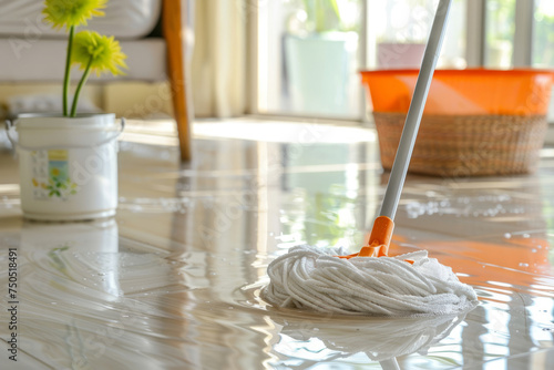 Simple mop placed on a laminate floor with bucket of water on background. Generative AI