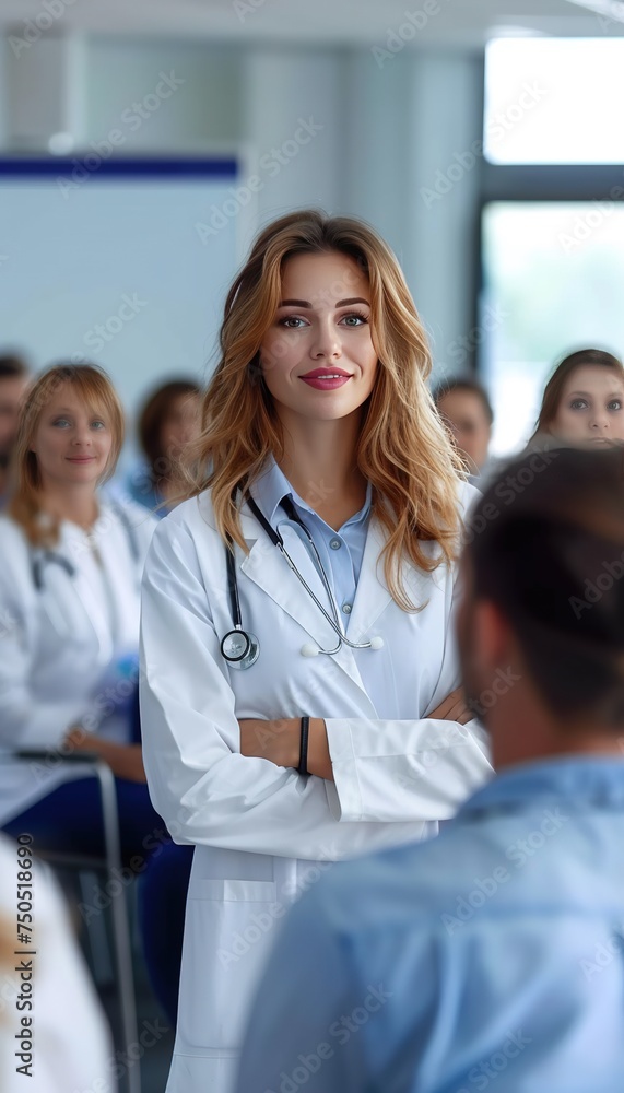 Female doctor presents to healthcare workers. Experts attend education event in boardroom. Female doctor presents to healthcare workers. Experts attend education event in boardroom.
