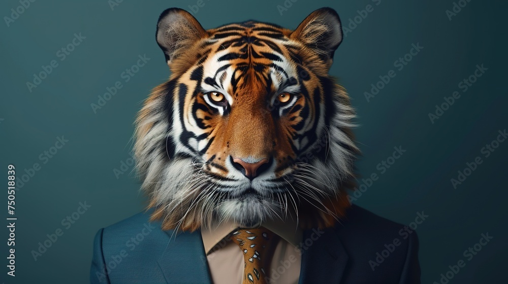 Portrait of tiger in a business suit. Humanlike tiger in a tuxedo on isolated background.
