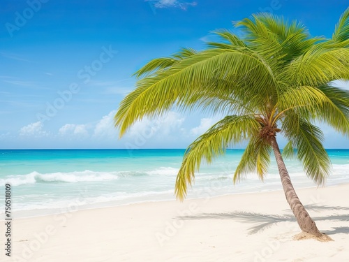 Palm tree leaves and sand beach with a blurry background of the ocean © REZAUL4513