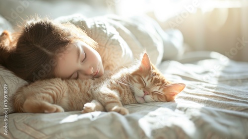 child sleeping in bed, a little girl and a baby cat sleeping quietly on the bed, a cat is sleeping on the bed, sunlight from the window, natural light