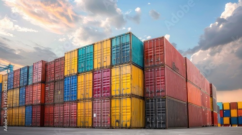 Shipping containers in various colors under a dramatic sunset sky, emphasizing global trade