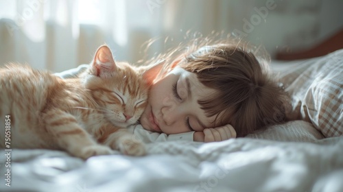 person with cat, a little girl and a baby cat sleeping quietly on the bed, a cat is sleeping on the bed, sunlight from the window, natural light