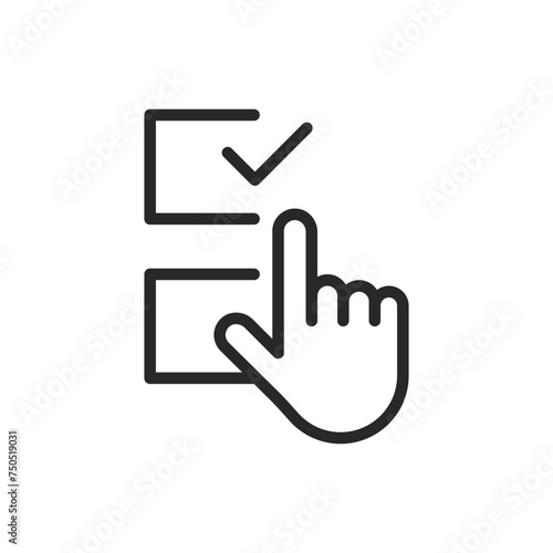 Hand Selecting Choice Icon, Interactive Voting and Decision Making Vector Thin Line Symbol. Touchscreen Ballot Selection for Civic Participation and Polling Sign.