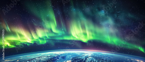 a image capturing the Northern Lights (Aurora Borealis) over Earth, with vibrant green and purple lights dancing across the night sky, viewed from space