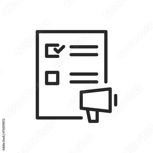 Political Manifesto Document Icon with Megaphone. Thin Line Vector Sign for Public Policy Announcement and Election Campaign Strategy.