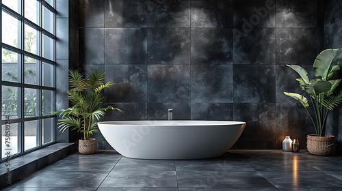 White bathtub in luxurious modern bathroom. Stylish bathroom interior design. Dark bathroom design.