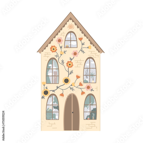 Cute house decorated with doodle flowers isolated on white background. Vector tiny house front view with big windows and painted with greenery and flowers.