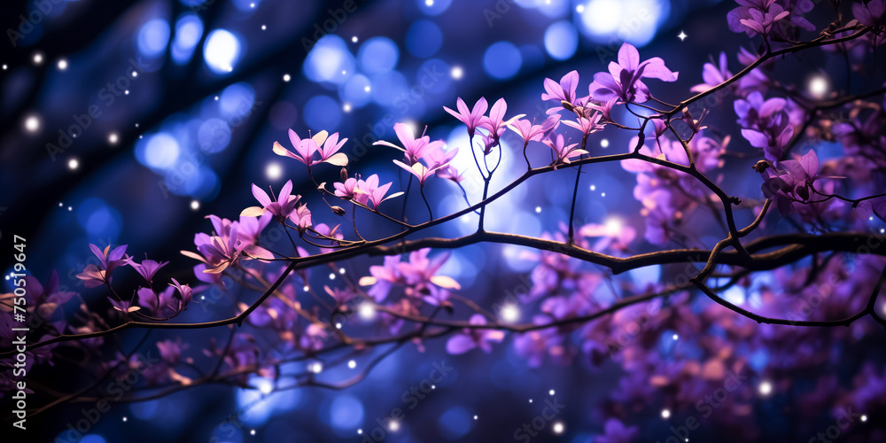 Twilight serenity, purple blossoms adorning a mystical night