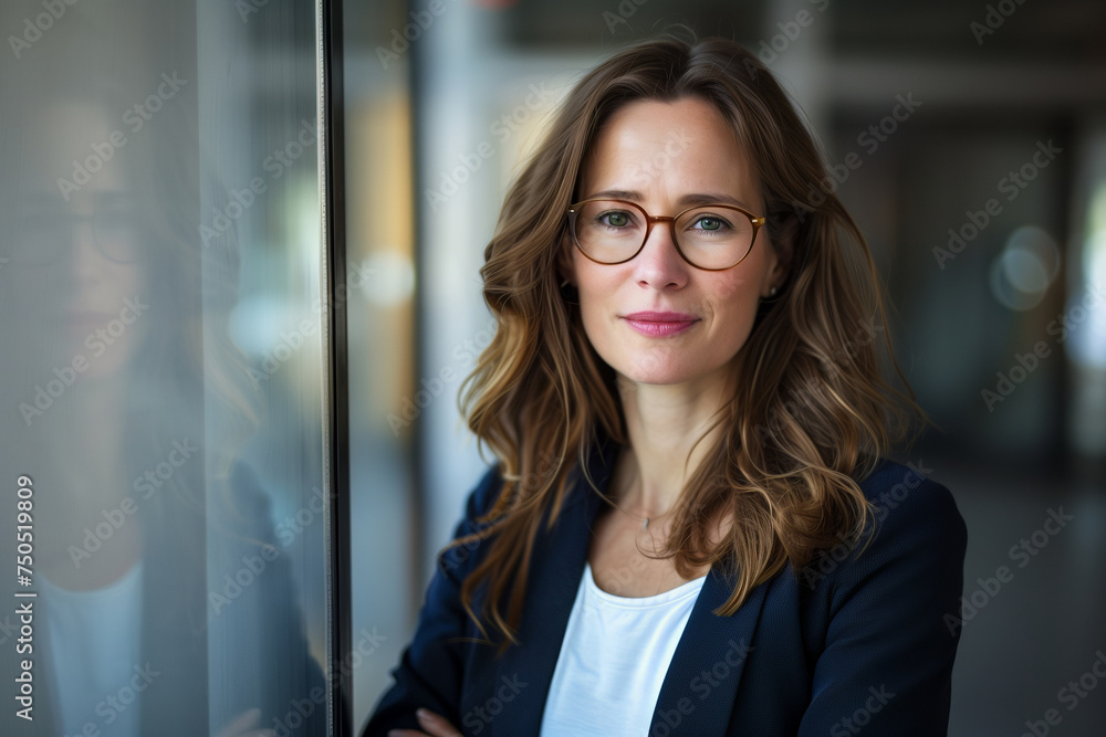 Confident Businesswoman in Elegant Attire Poses by the Office Window Reflecting on Her Career Confident Businesswoman in Elegant Attire Poses by the Office Window Reflecting on Her Career