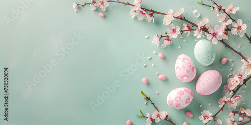 Delicate Easter background with eggs decorated in pastel pink colors with spring pink flowers on a muted light green background with copy space 