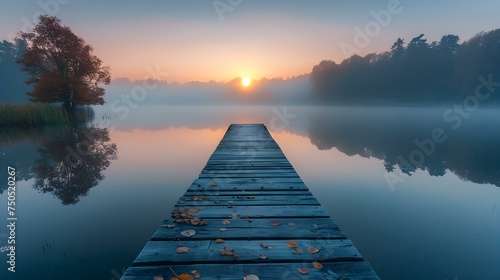 Serene sunrise over misty lake and rustic wooden pier. Concept Nature Photography, Sunrise Serenity, Misty Lake, Rustic Wooden Pier, Outdoor Morning Beauty photo