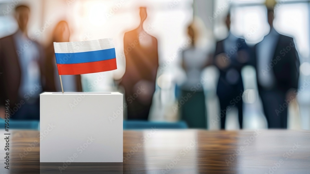 Obraz premium Group of diverse people gathered around a table with a small flag placed on it