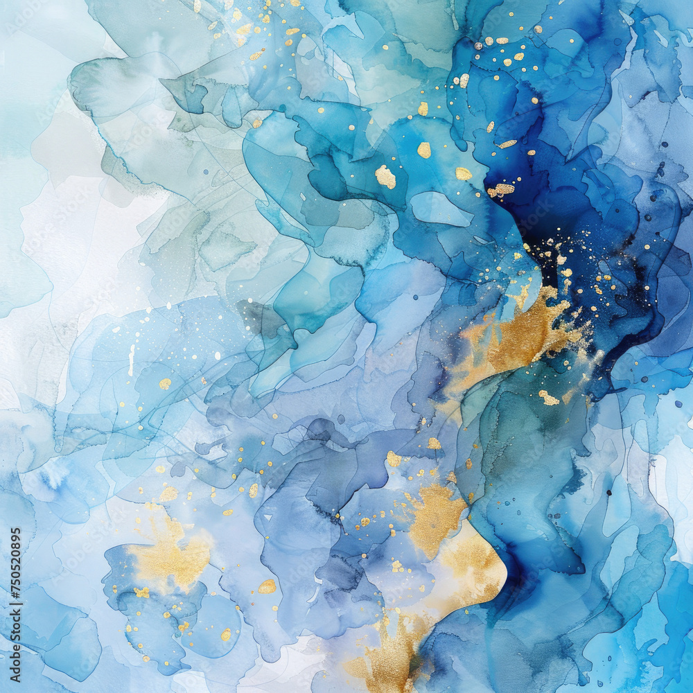 The fluidity of the blues evokes a sense of calm oceanic depth, while the gold splashes impart a touch of opulence. The fluidity of the blues evokes a sense of calm oceanic depth, while the gold splashes impart a touch of opulence.