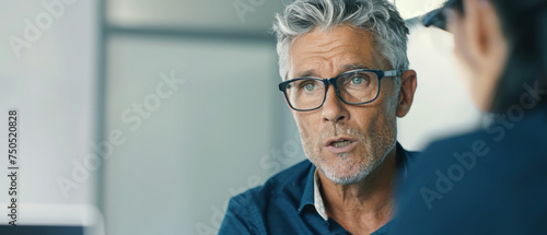 A pensive senior man with glasses listens intently in a focused conversation.
