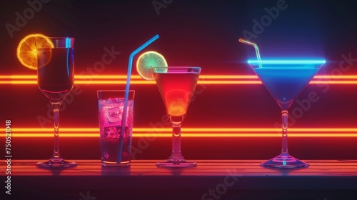 Various vibrant colored cocktails lined up neatly on a table in a bar setting