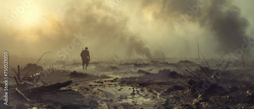 An eerie post-apocalyptic scene with a lone figure standing in a devastated landscape at sunrise.