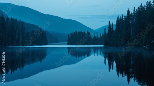 A large body of water, surrounded by a dense forest of trees, under the quiet night sky © tashechka