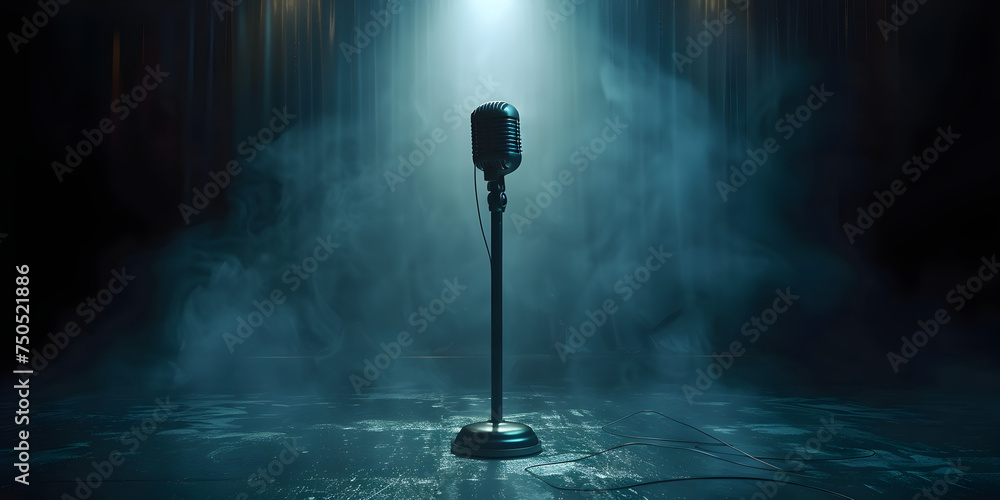 Silver microphone stand on dark stage with limelight. Vintage silver microphone with Chair in the volumetric light - obrazy, fototapety, plakaty 