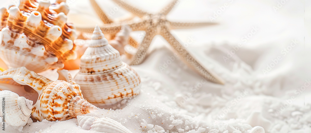 background of sea shells close-up on white sea sand background of sea shells close-up on white sea sand