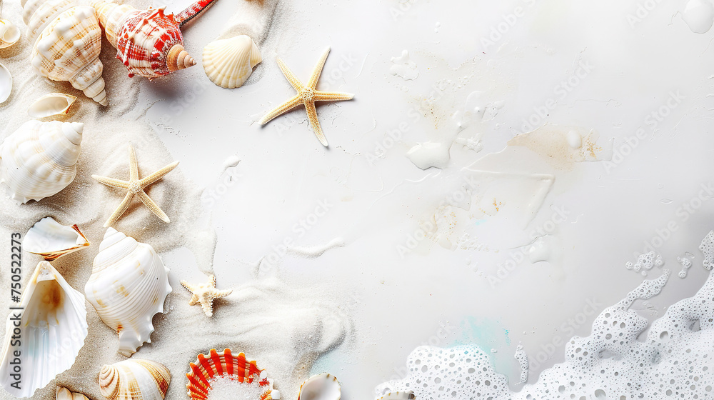 Obraz premium background of sea shells close-up on white sea sand