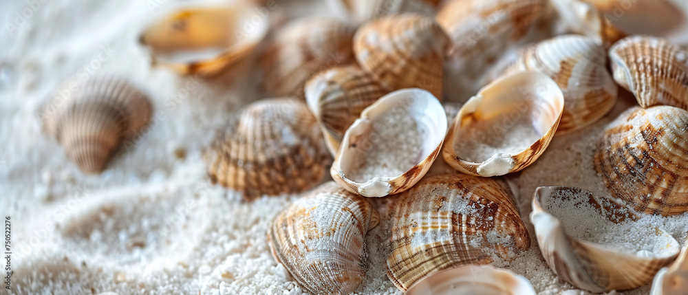 background of sea shells close-up on white sea sand