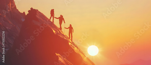 Teamwork friendship hiking help each other trust assistance silhouette in mountains, sunrise. Teamwork of two men hiker helping each other on top of mountain climbing team beautiful sunrise landscape © katobonsai