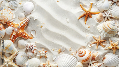 background of sea shells close-up on white sea sand © Uwe
