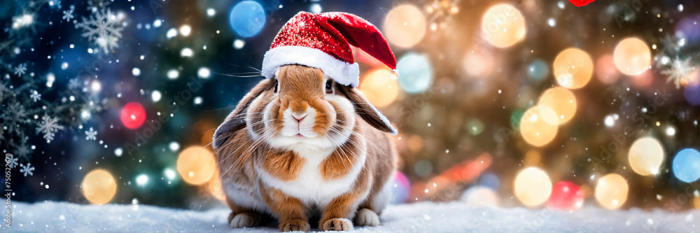 rabbit in santa's hat year of the rabbit. Selective focus.