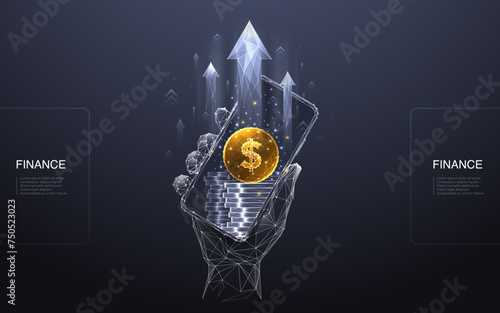 Abstract hand-holding phone with a golden dollar coin, money stack, and arrows up on the mobile. Increase revenue concept. Stock market and finance background. Business technology vector illustration