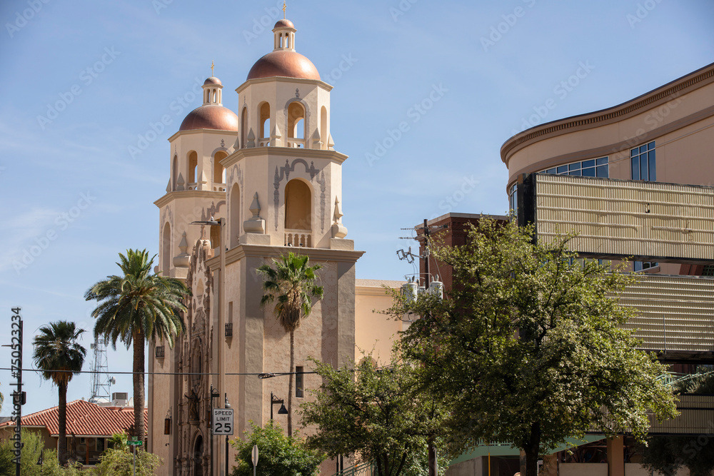 Afternoon view of a historic church in downtown Tucson, Arizona, USA.
