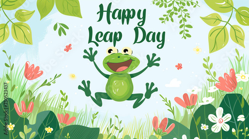 Beautiful green frog jumping on a pastel color background with the text Happy Leap Day