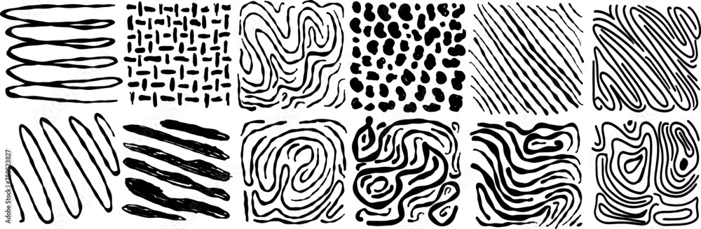 Black square stickers with various hand-drawn pencil crosshatch textures. Vector Naive Doodle Patterns. Design elements for social media posts