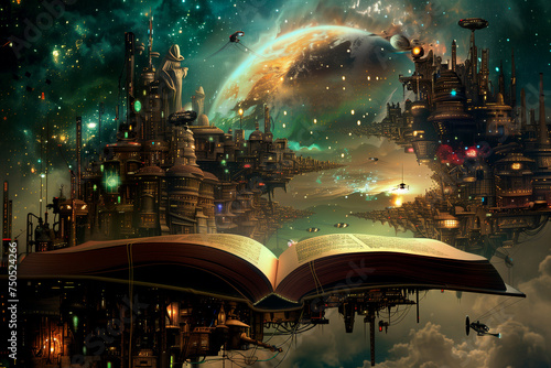Open book concept for fairy tale and Science fiction storytelling photo