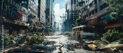 A deserted city street reclaimed by nature illustrates a post-apocalyptic scene.