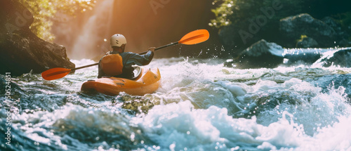 A kayaker braves the vibrant rapids, paddle in motion, amidst nature's splashy play.